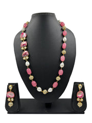 Semi Precious Long Pink Jade Beads Necklace Set | Beaded Jewellery for women online 