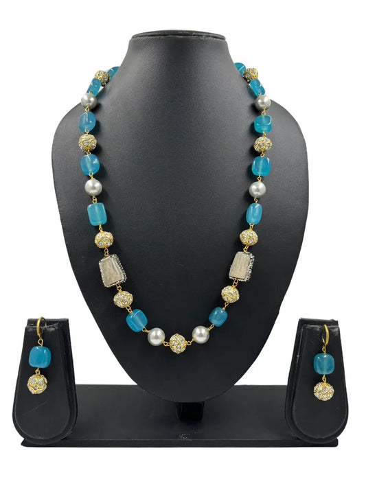 Designer Long Semi Precious Blue Beaded Necklace Set | Beads Jewellery