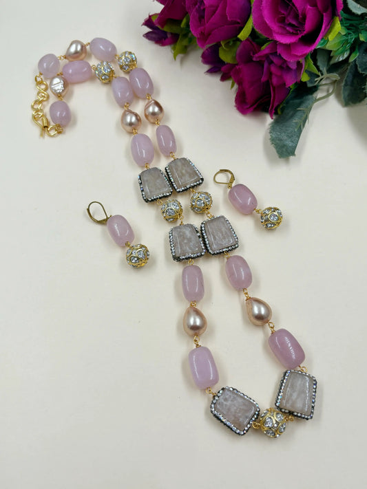 Long Semi Precious Jade Pink Beads Necklace Set | Beaded Jewellery for sarees 