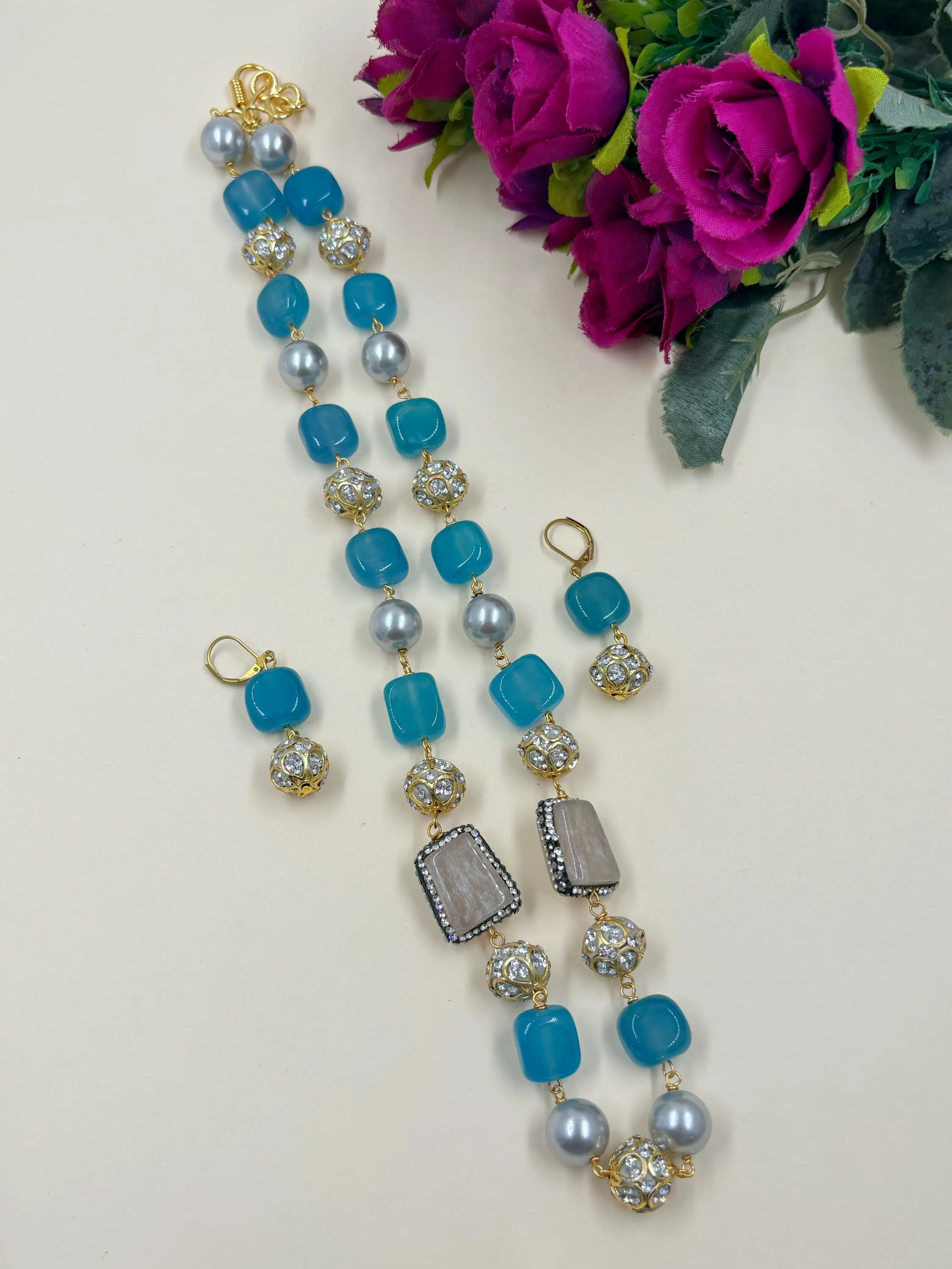 Designer Long Semi Precious Blue Beaded Necklace Set | Beads Jewellery