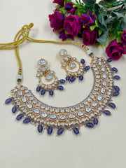 Designer Wedding Polki Kundan Jewellery Set with blue beads at botottom