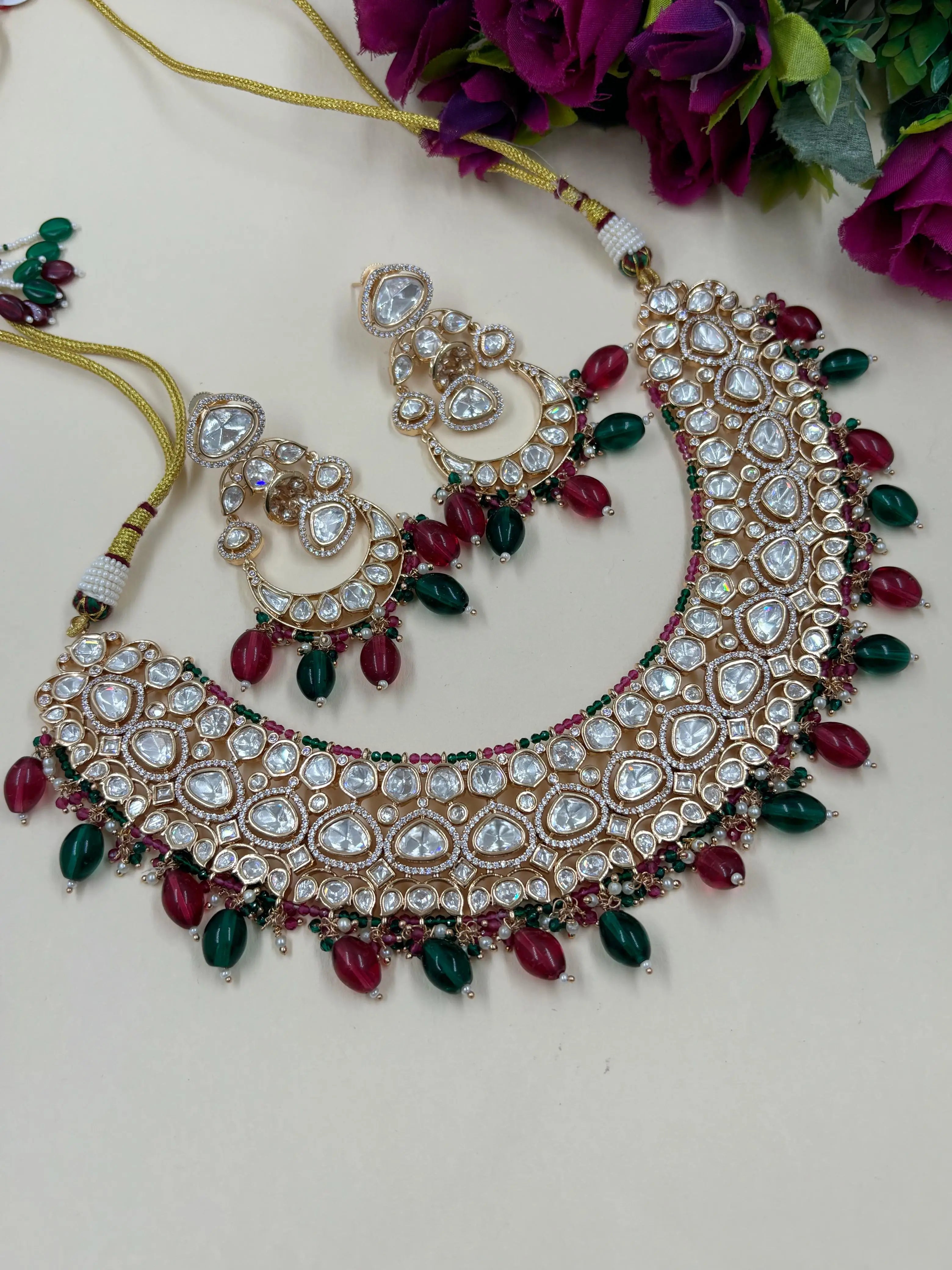 Designer Wedding Polki Kundan Jewellery Set with red and green beads at bottom