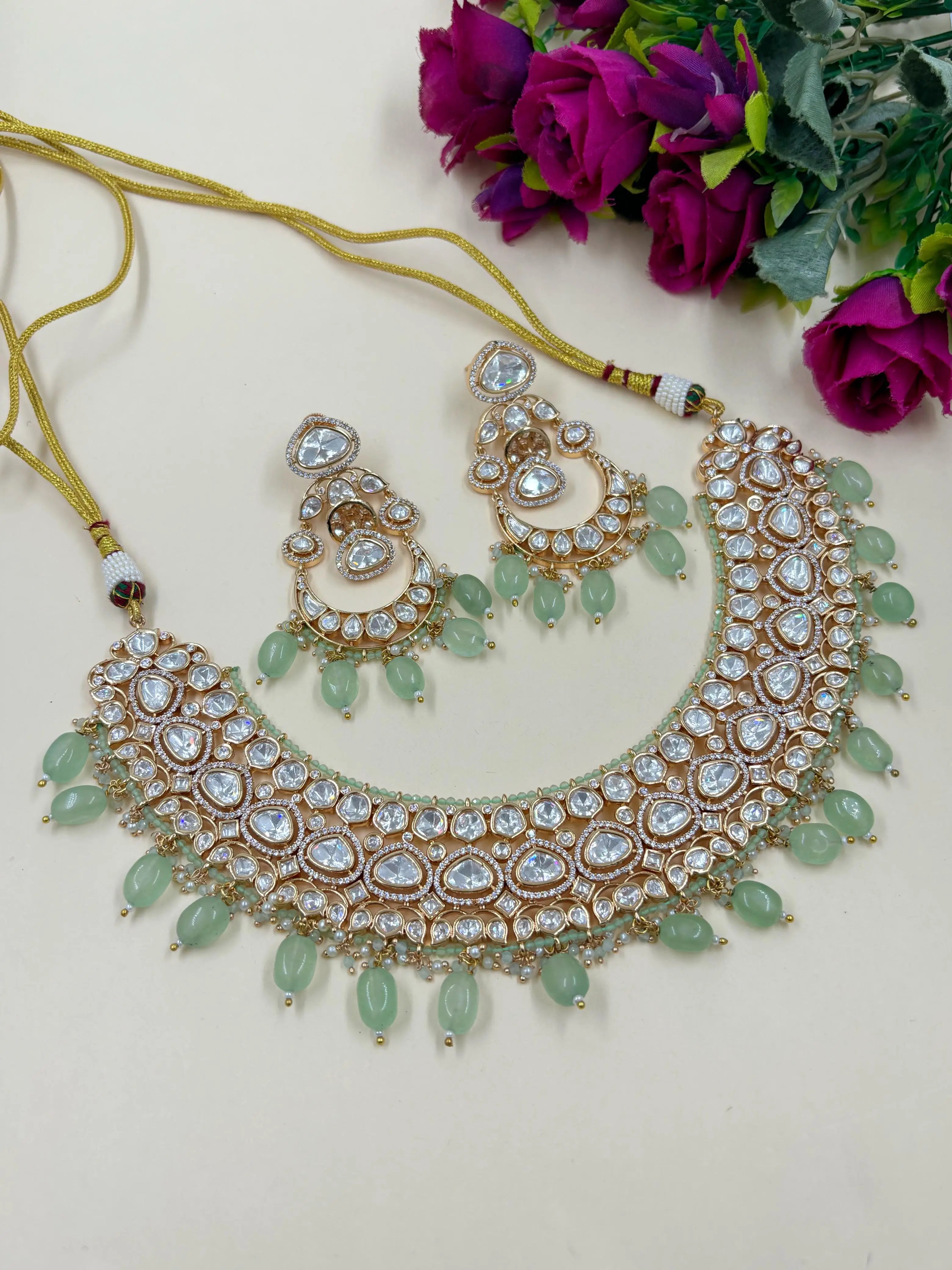 Designer Wedding Polki Kundan Jewellery Set with mint green color beads at bottom