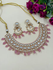 Designer Wedding Polki Kundan Jewellery Set with pink beads at bottom