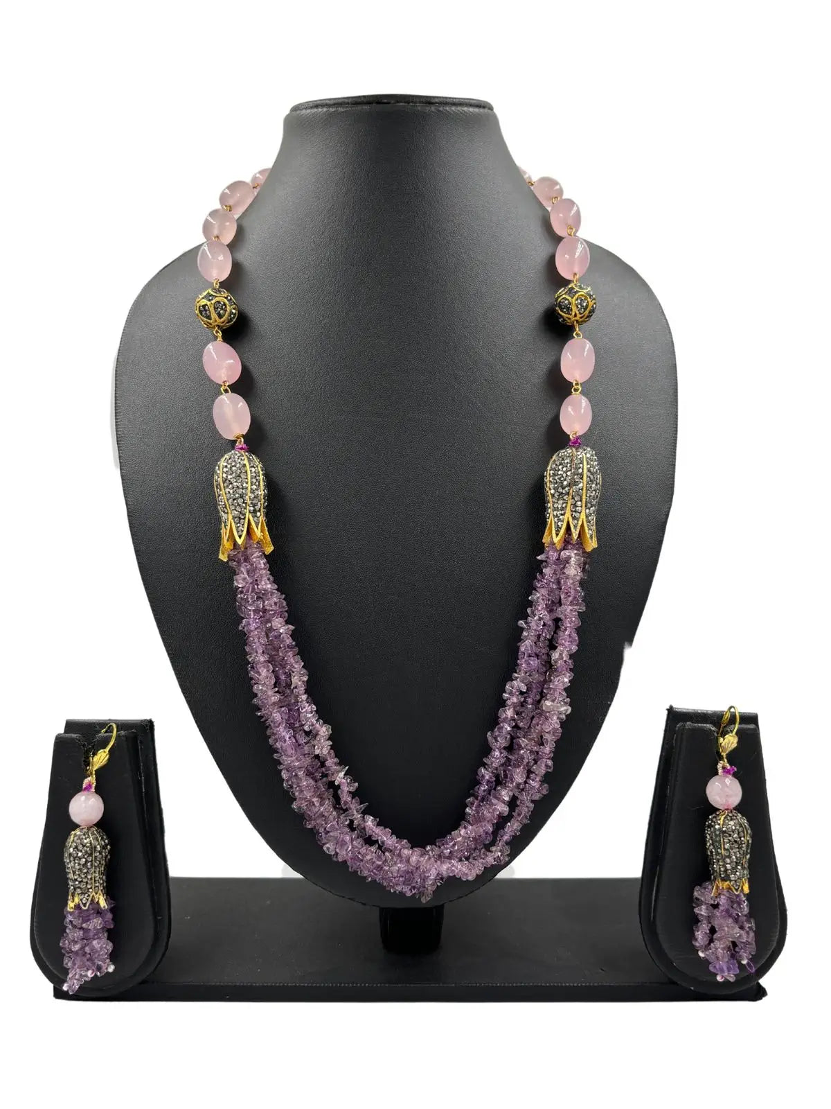 Handcrafted Uncut Amethyst And Rose Quartz Beads Jewellery Set for sarees, dresses and other traditional attire.