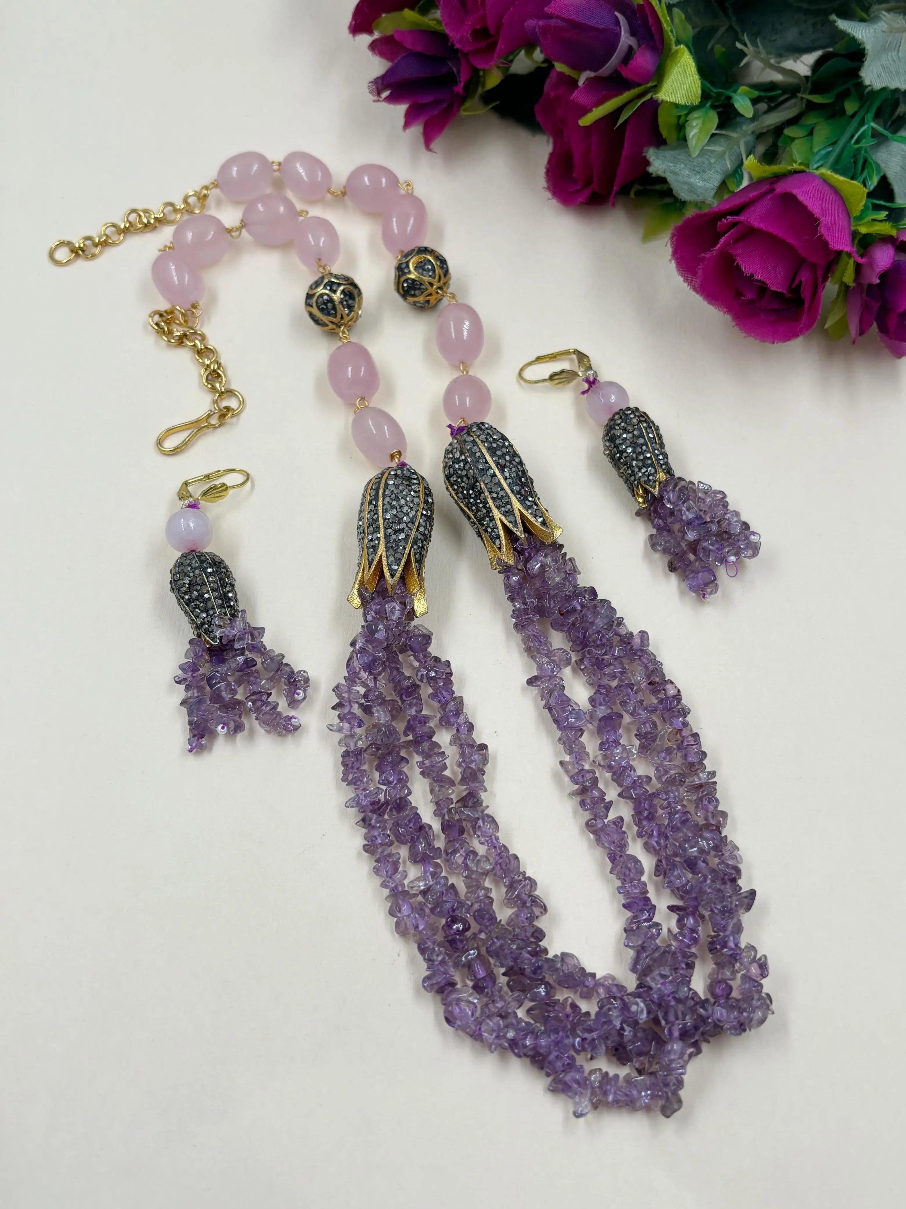 Buy Handcrafted Uncut Amethyst And Rose Quartz Beads Jewellery Set ...