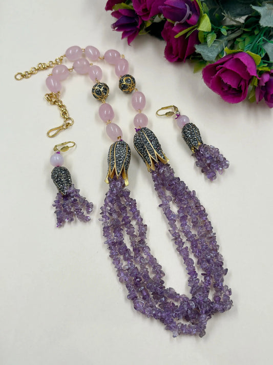 Handcrafted Uncut Amethyst And Rose Quartz Beads Jewellery Set for sarees, dresses and other traditional attire.