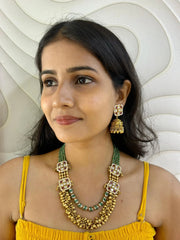 Traditional Short Antique Green Beaded Jewellery Set With Ghungroo handcrafted for women online.