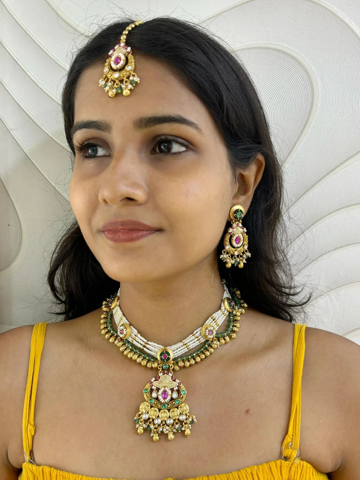 Traditional Designer Green Antique Gold Jewellery Set With Tikka  online handcrafted for weddings and parties 