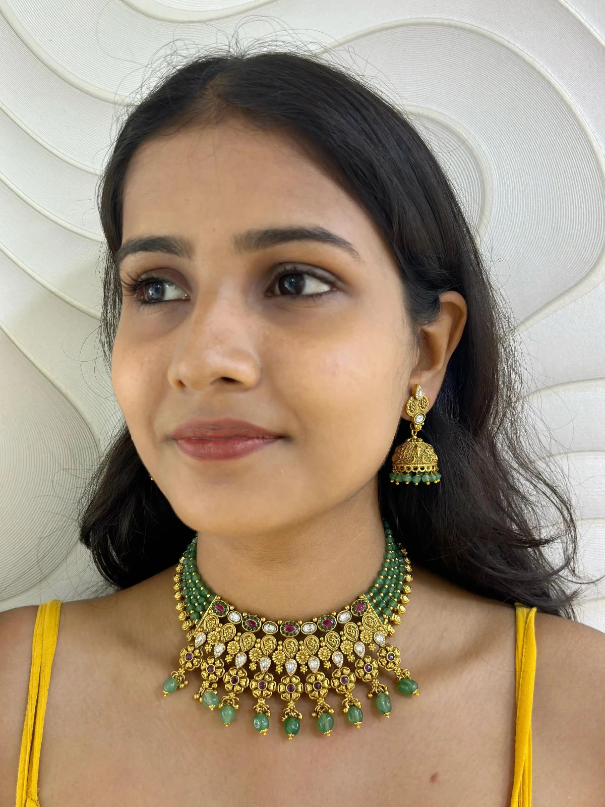 Antique Green Kundan Beaded Choker Necklace Set for weddings and parties 