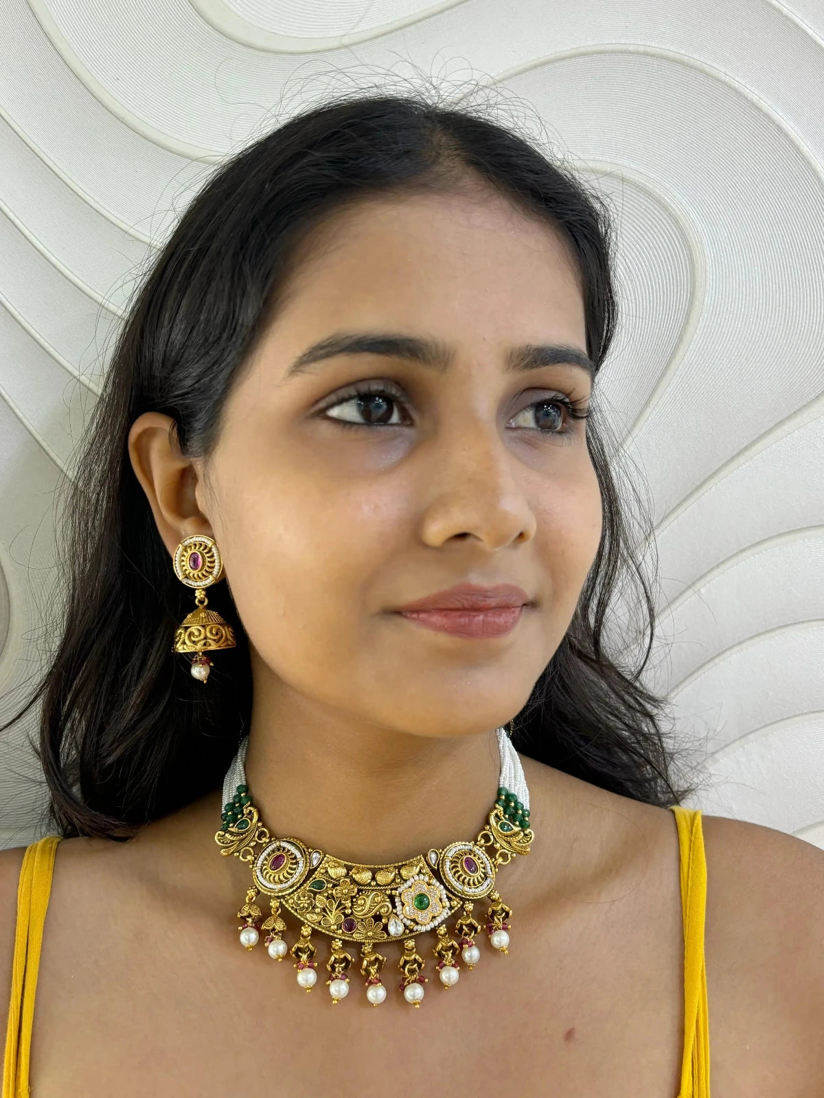 Ethnic Womens Gold Plated Antique Gold Choker Necklace Set 