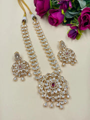 Anushree Beautiful Rose Gold Polish Party Wear Ruby pink Short Polki Necklace Set with pendant 