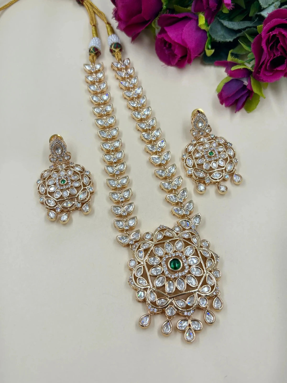 Anushree Beautiful Rose Gold Polish Party Wear Short green  Polki Necklace Set with pendant