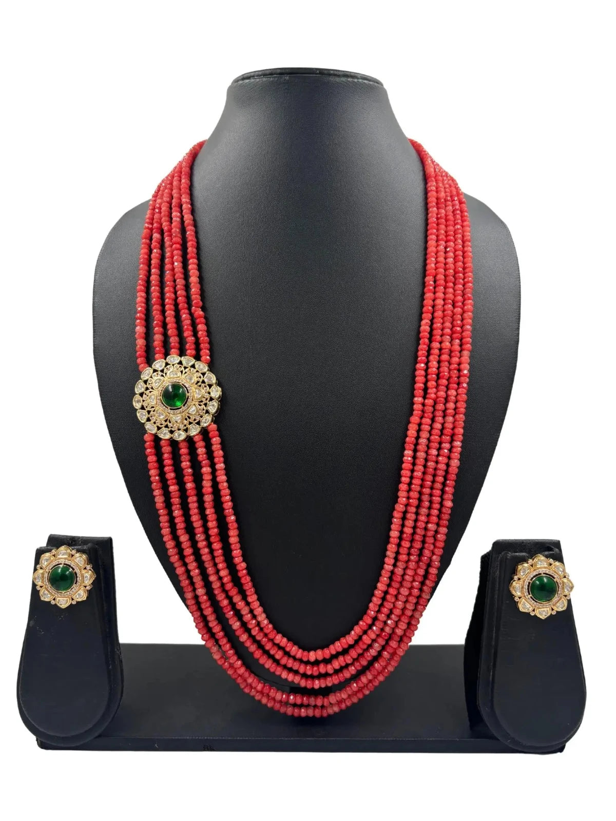 Layered Gemstone Beads And Kundan Side Brooch Necklace Set for women online 