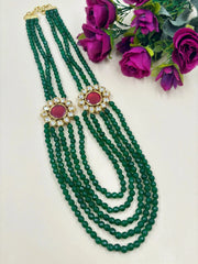 Unisex Long Multilayered Green Jade Beads Necklace With Side Kundan Brooches 