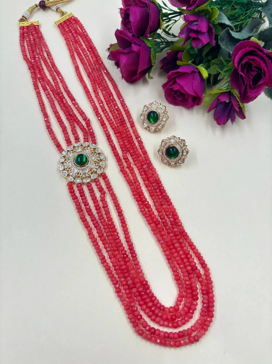 Layered Gemstone Beads And Kundan Side Brooch Necklace Set