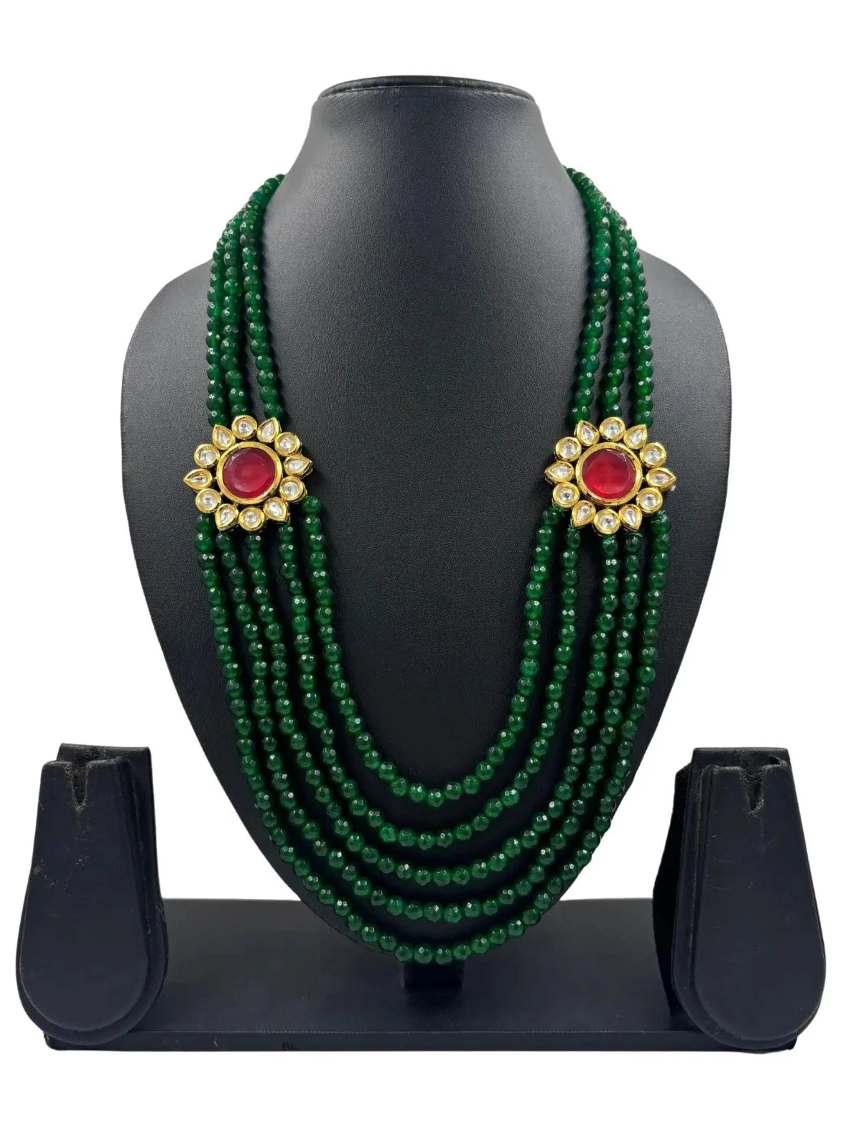 Unisex Long Multilayered Green Jade Beads Necklace With Side Kundan Brooches 