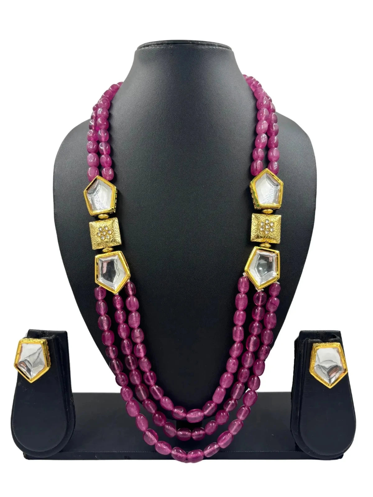 Semi Precious Majenta Color Side Kundan Brooch Beaded Necklace Set 