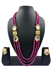 Semi Precious Majenta Color Side Kundan Brooch Beaded Necklace Set 