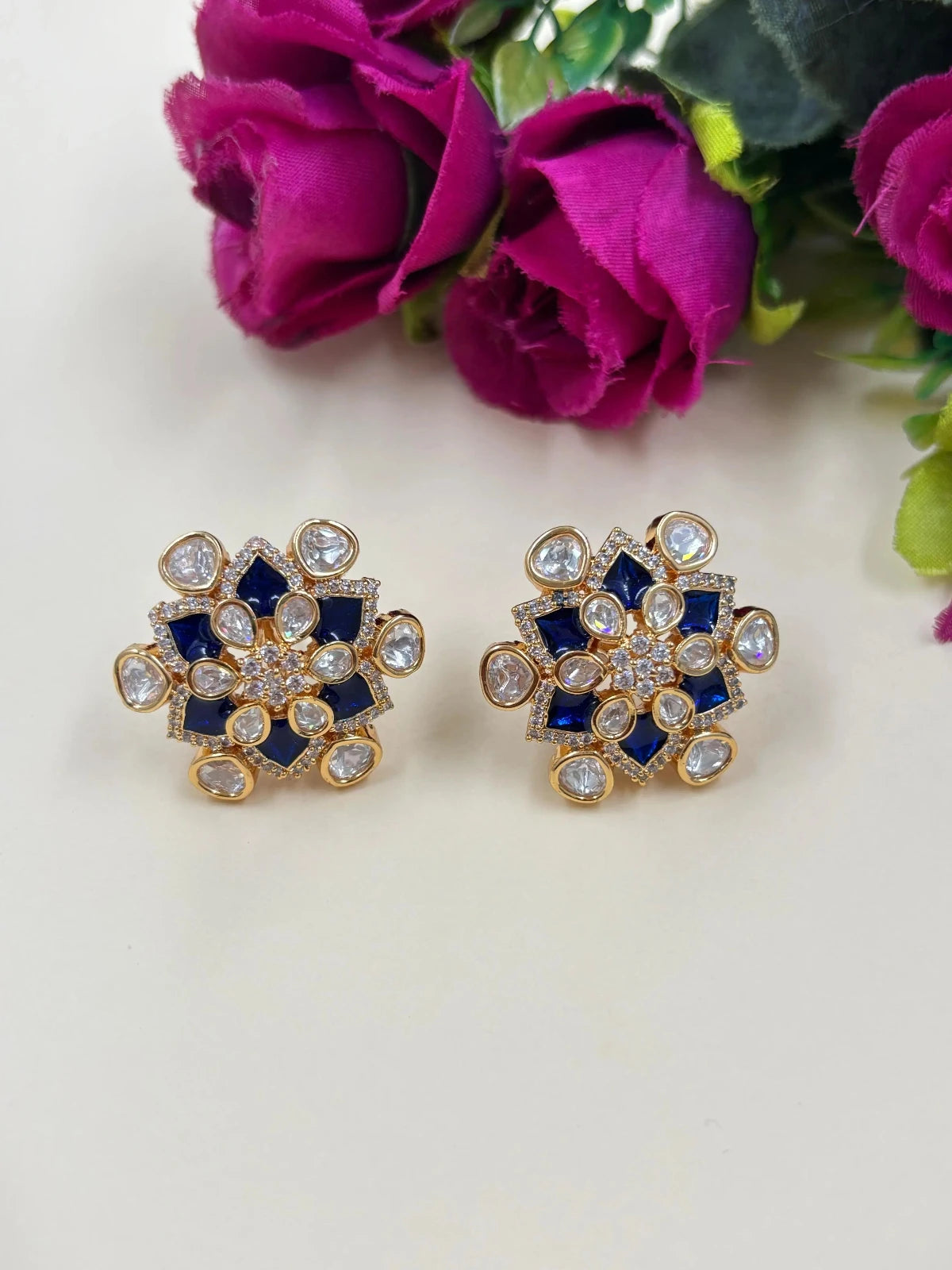 Designer Lightweight Blue Polki Kundan Stud Earrings