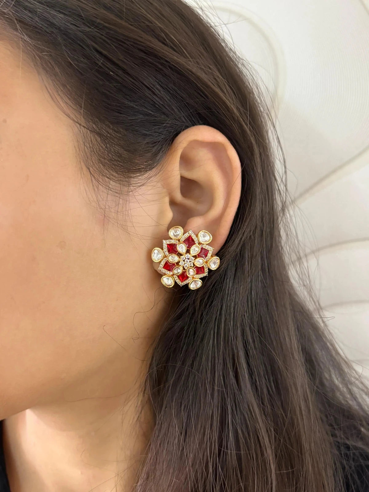 Designer Lightweight Red Polki Kundan Stud Earrings