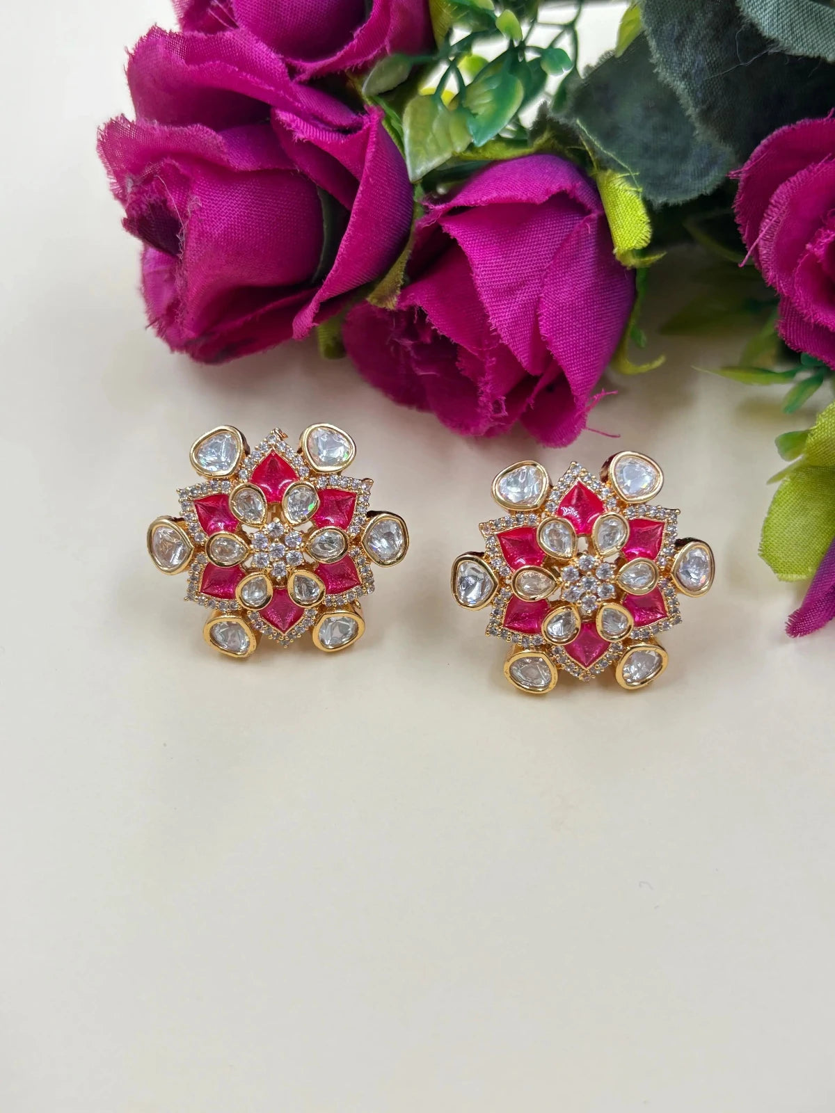 Designer Lightweight Pink Polki Kundan Stud Earrings