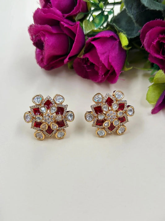 Designer Lightweight Red Polki Kundan Stud Earrings