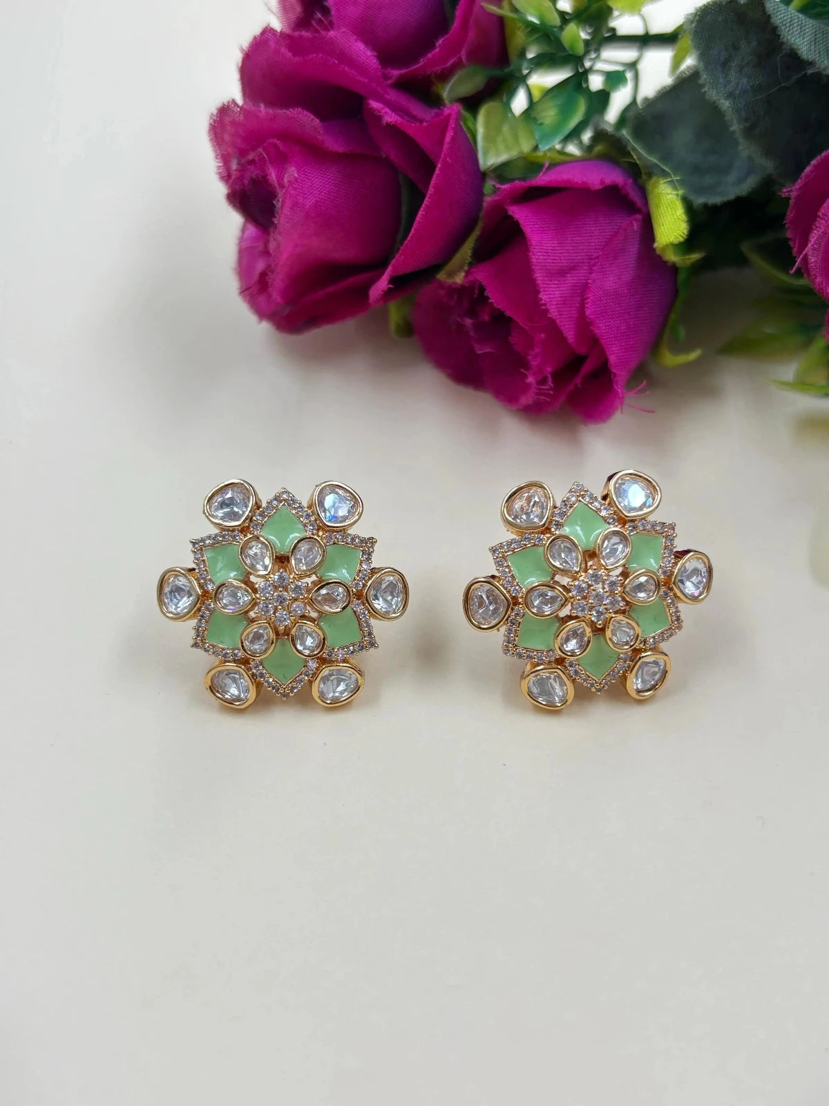 Designer Lightweight mint green Polki Kundan Stud Earrings