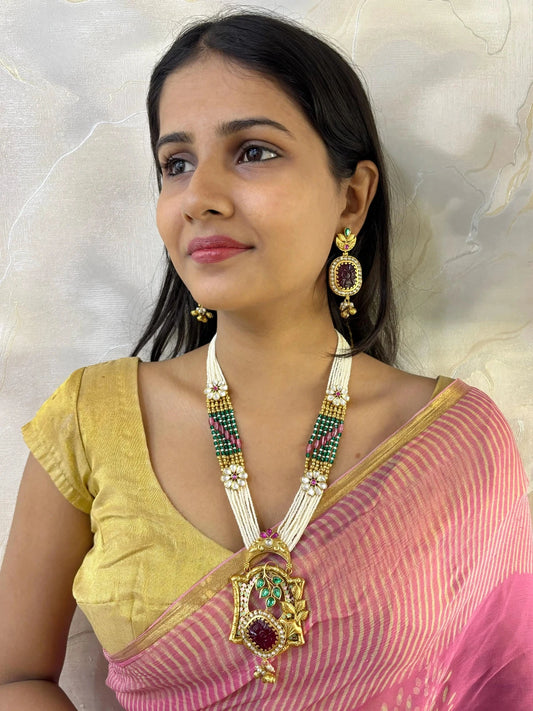 Traditional Long Antique Gold Pendant Necklace Set With Pearl Chains 