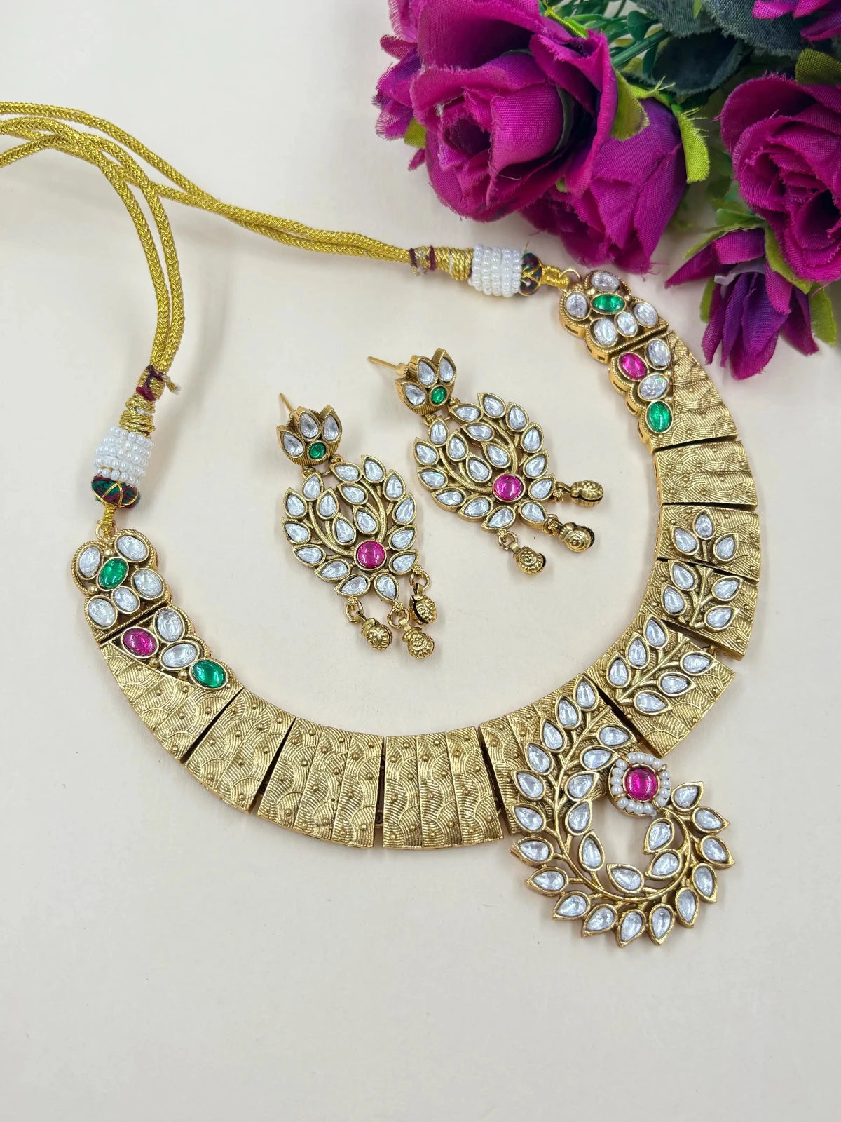 Rishu Gold Plated Artificial Antique Jewellery Necklace Set for weddings