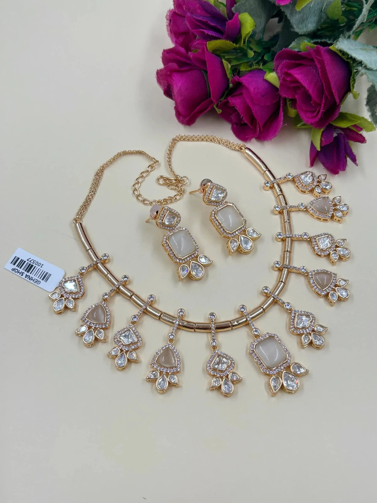 Designer Indo Western Polki Jewellery Set with white stones 