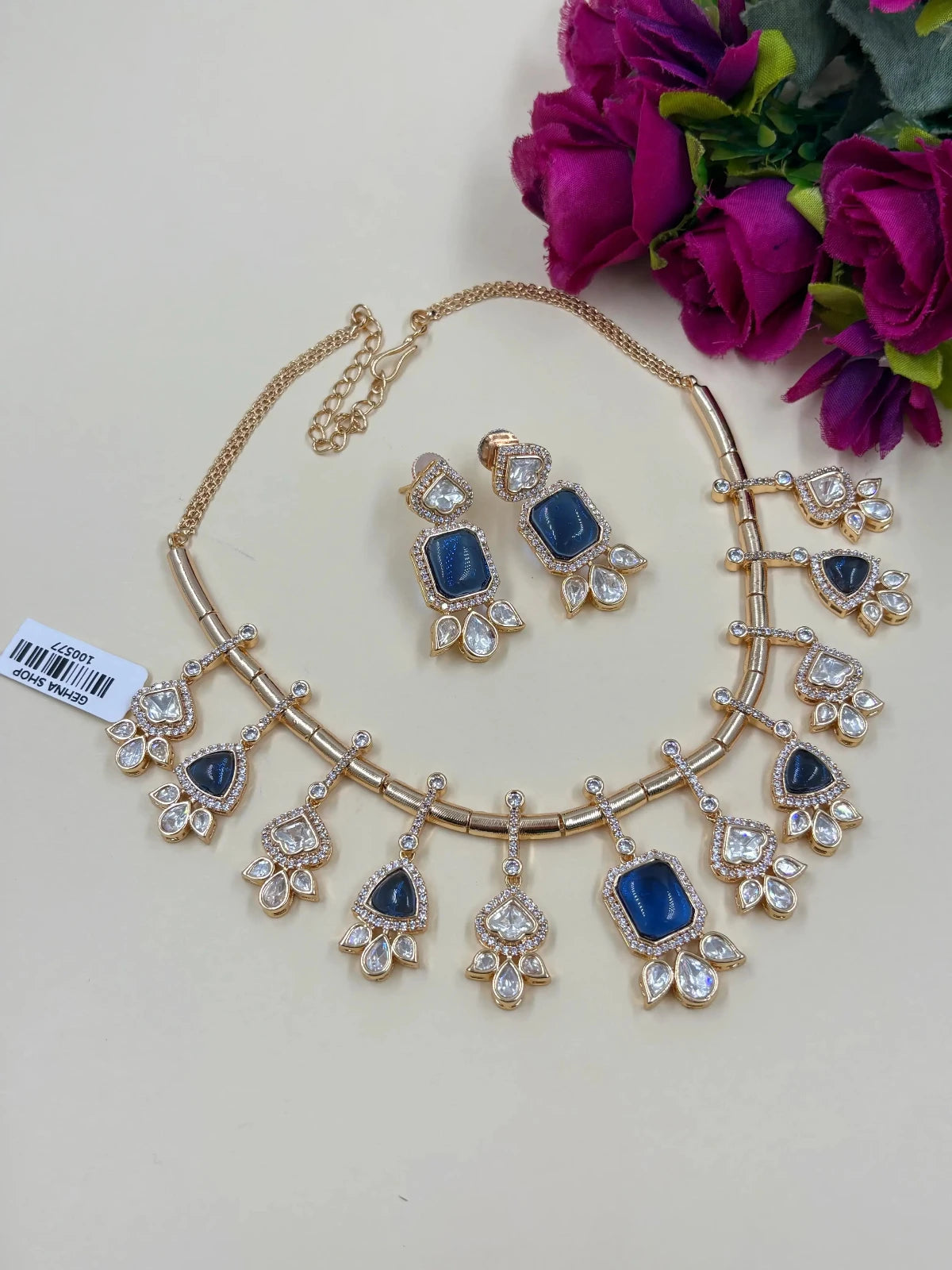 Designer Indo Western Polki Jewellery Set with blue stones 