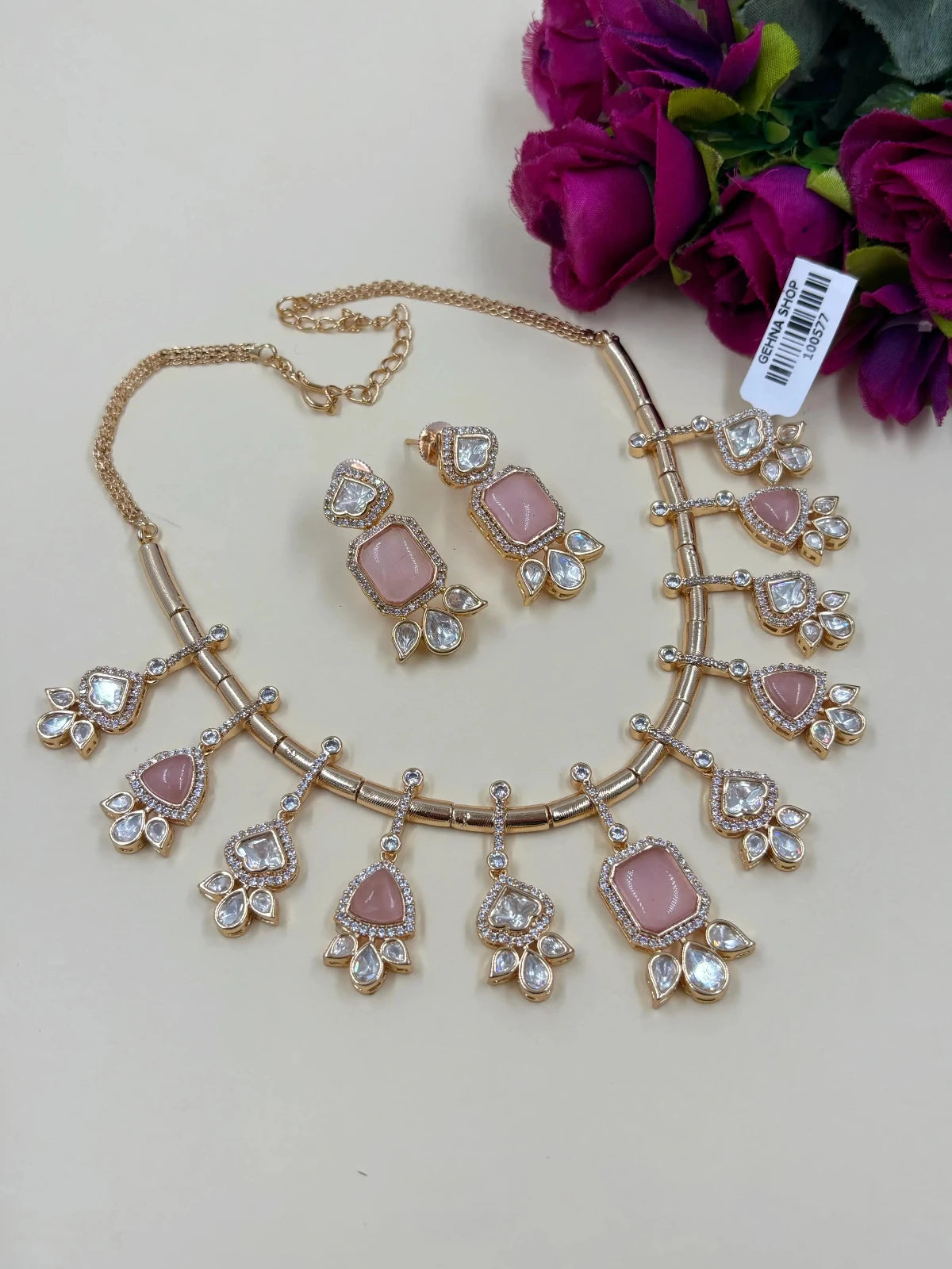 Designer Indo Western Polki Jewellery Set with babay pink stones 