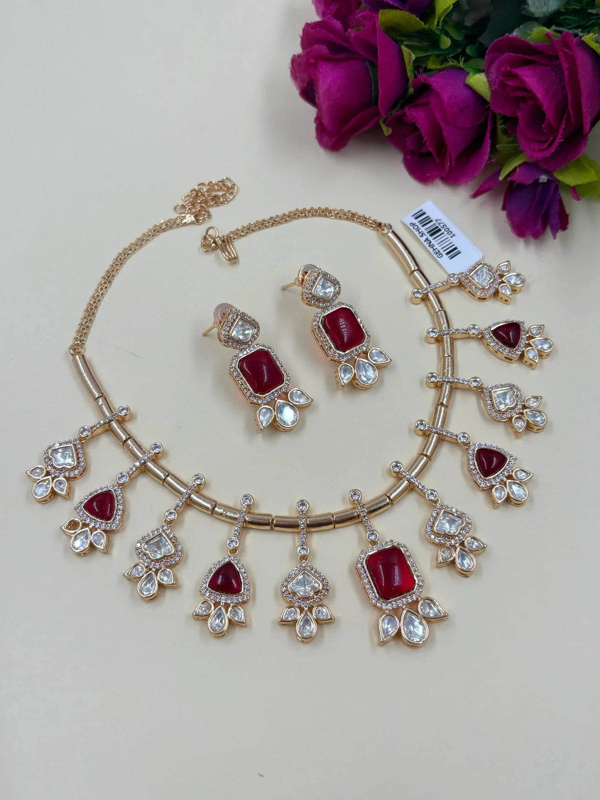 Designer Indo Western Polki Jewellery Set with red stones 