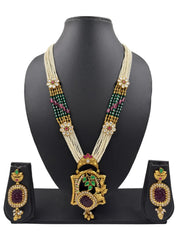 Traditional Long Antique Gold Pendant Necklace Set With Pearl Chains 