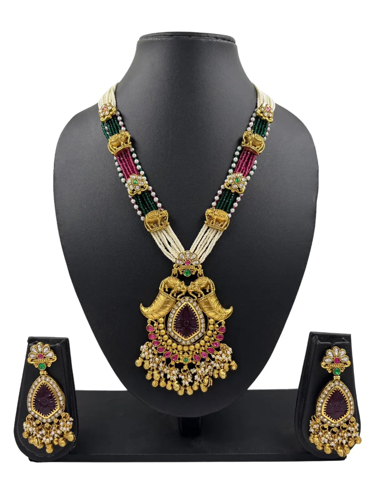 Designer Gold Plated Long Elephant Design Antique Wedding Necklace Set