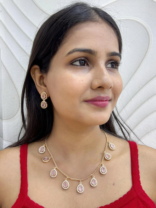 Abhigya Indo Western Party Wear Pink Polki Drops Chain Necklace Set 