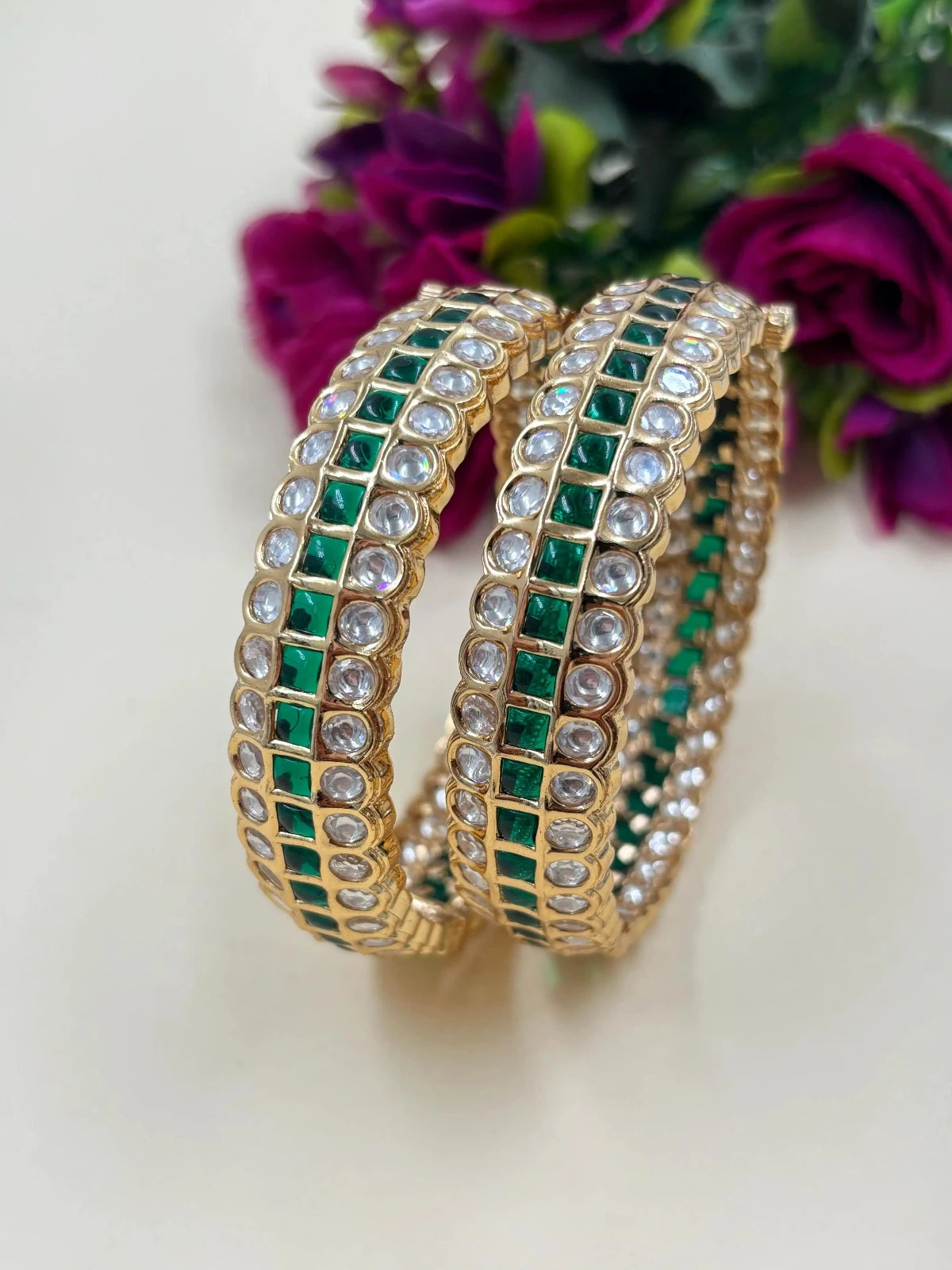 Beautiful premium quality Imitation Polki and green Stone Bangles Set For Ladies online 