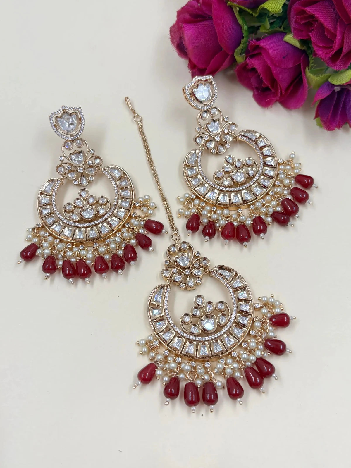 Pink Big Earrings With Maang Tikka Maang Tikka And Earrings Set