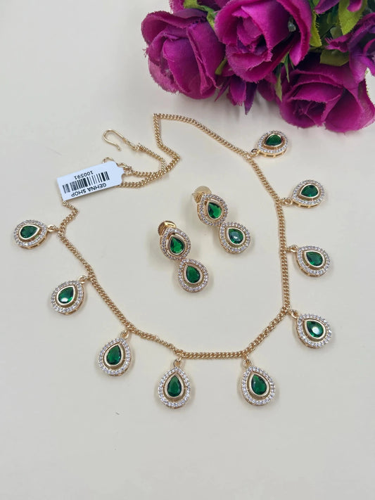 Abhigya Indo Western Party Wear Green Polki Drops Chain Necklace Set 