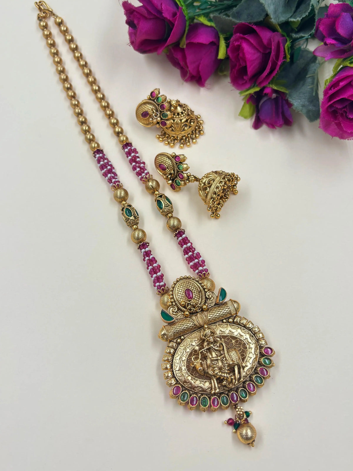 Designer Antique Gold Plated Lord Krishna Temple Jewellery Set