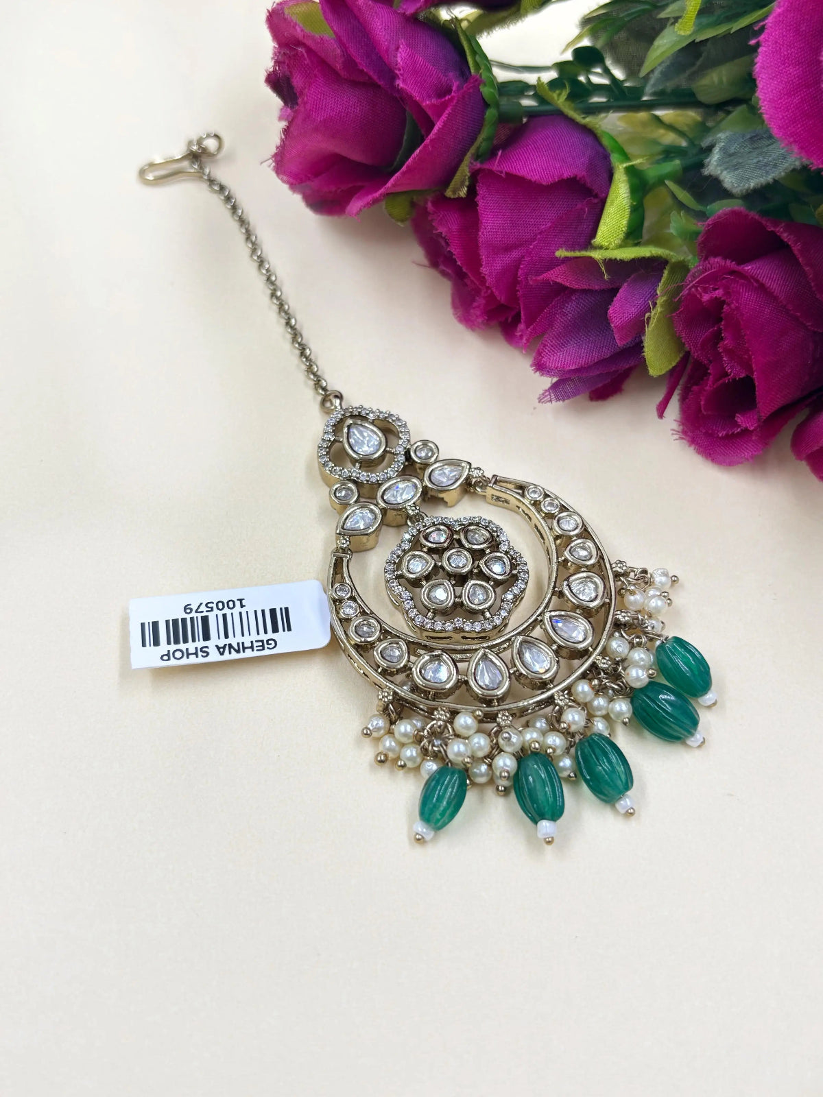 Victorian Chandbali Design Big Kundan Maang Tikka For Women Green