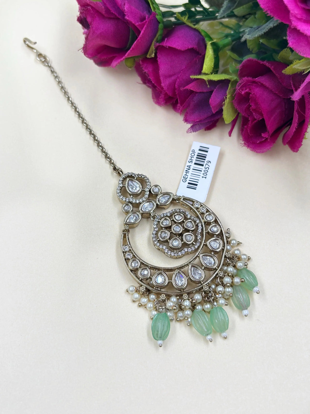 Victorian Chandbali Design Big mint green Maang Tikka For Women