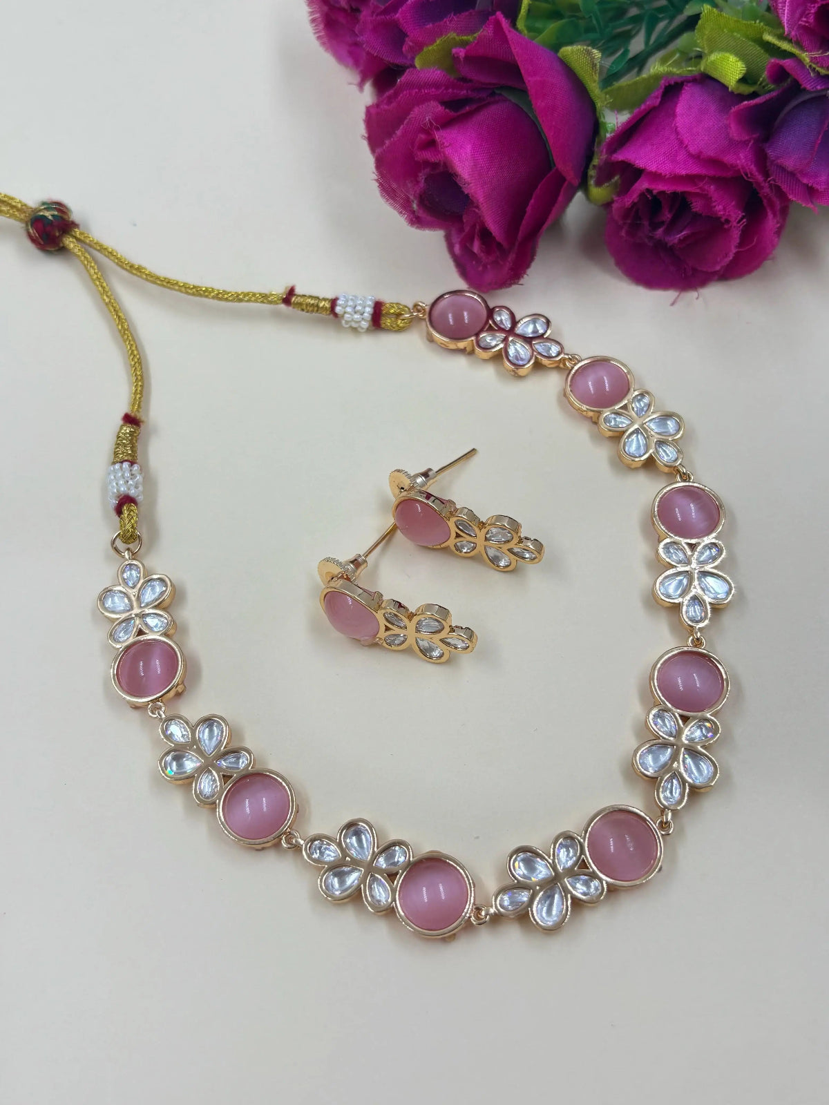 Neesa Short And Delicate Baby Pink Polki Necklace Set