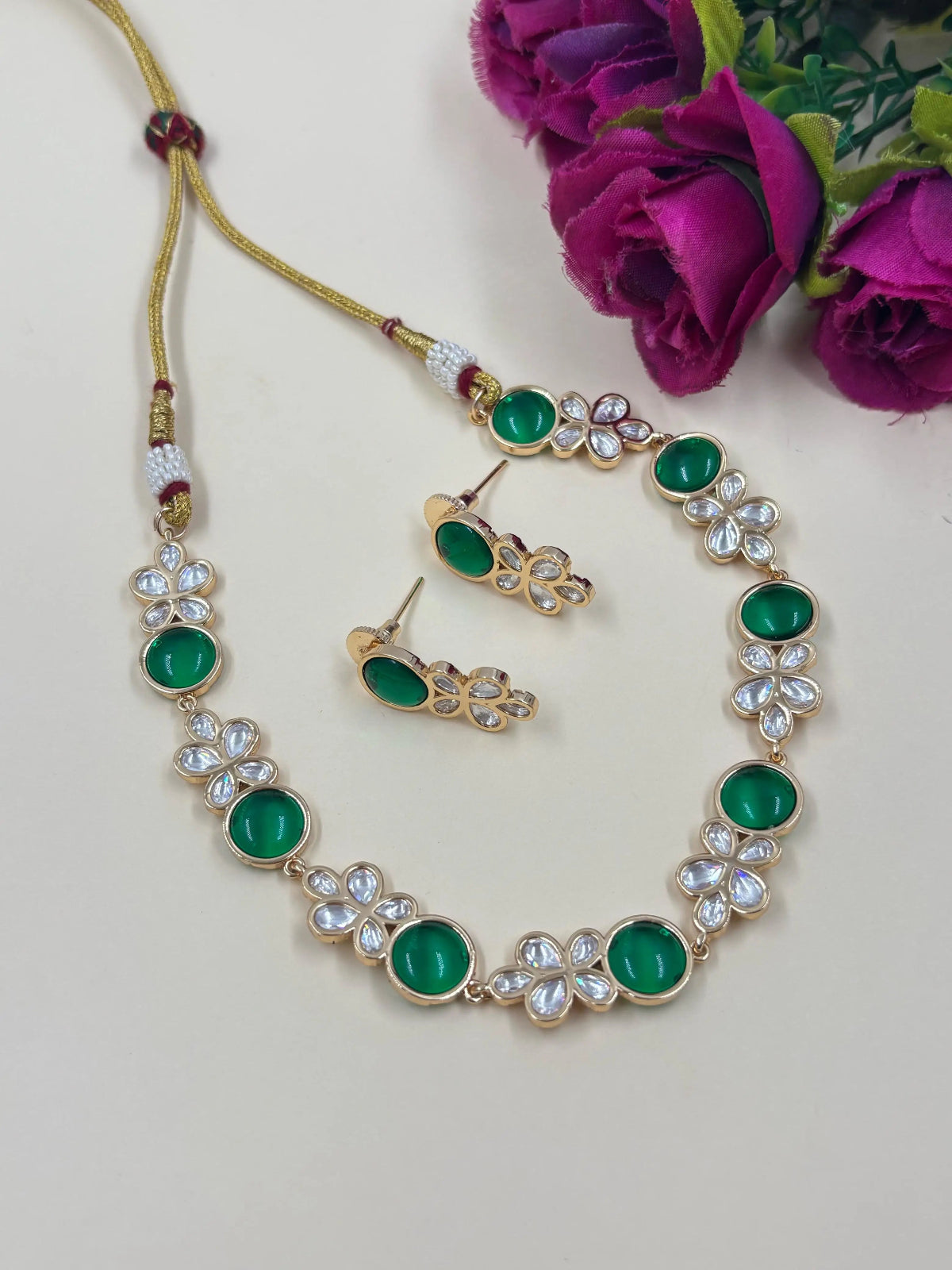 Neesa Short And Delicate Green Stone Polki Necklace Set