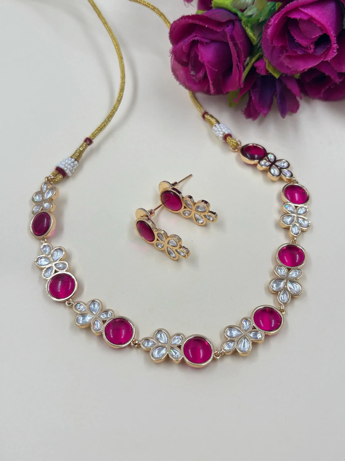 Neesa Short And Delicate Ruby Pink Polki Necklace Set