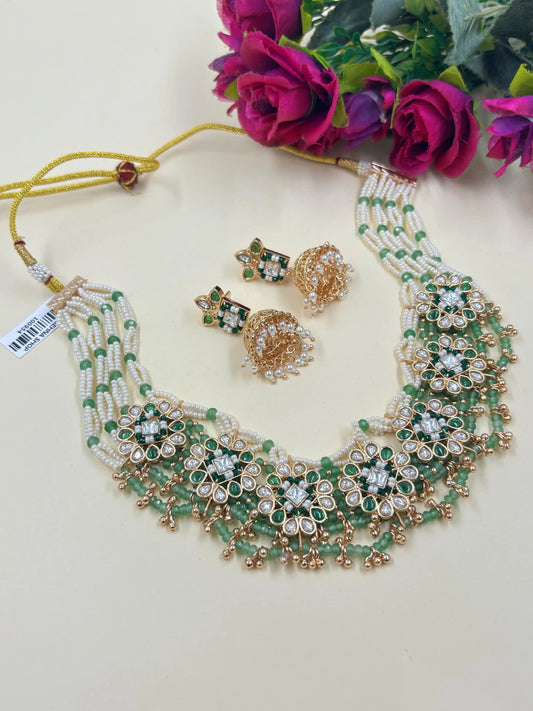 Maanushi Beaded Kundan Mint Green Jewellery Necklace Set 