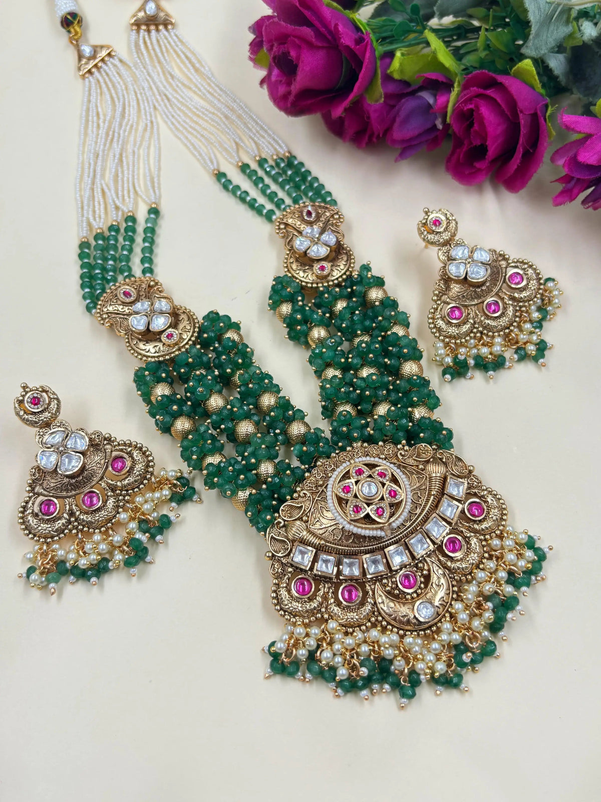 Aarzoo Artificial Gold Plated Long Antique Gold Green Wedding Jewellery Set