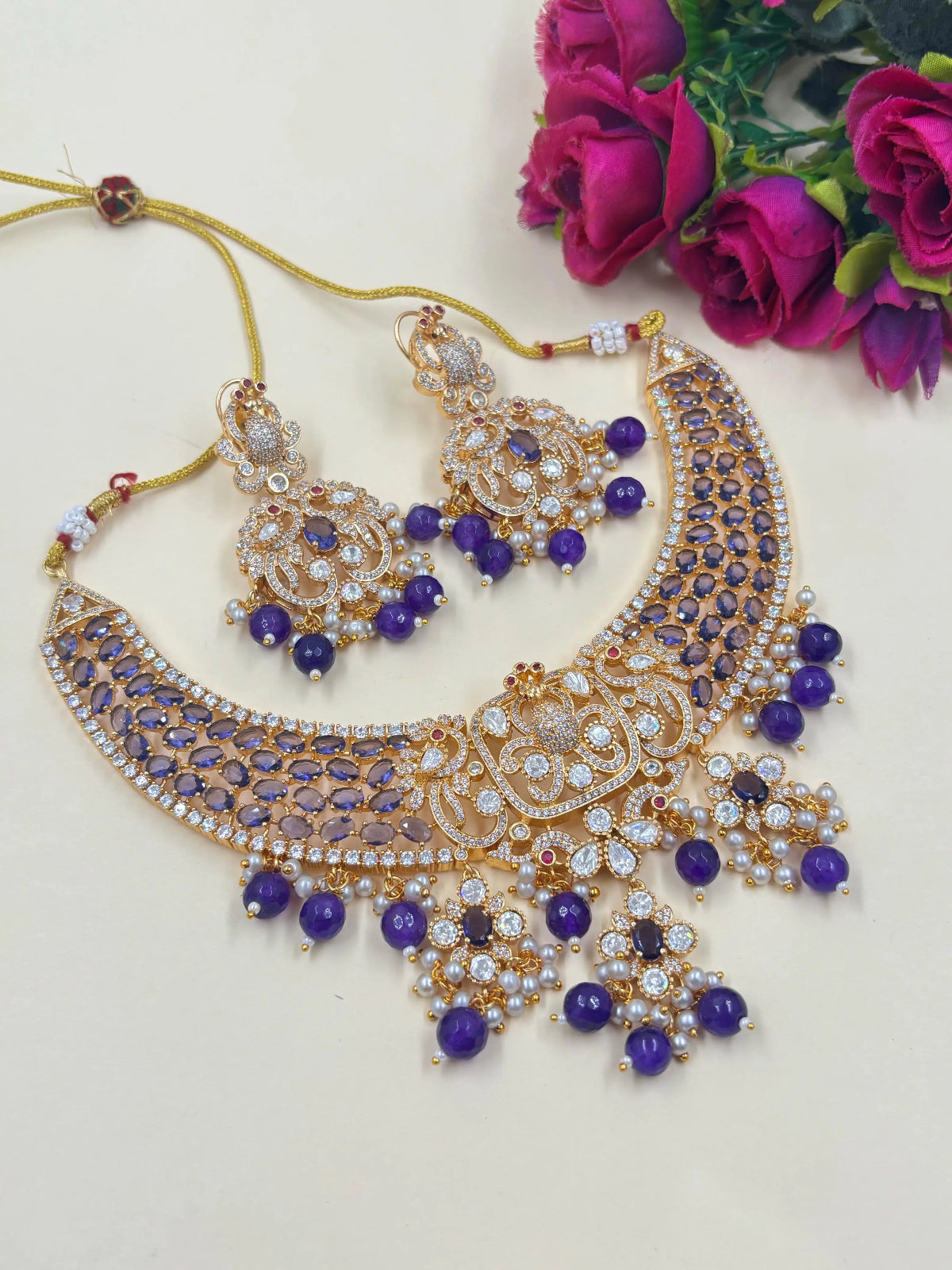 Mayuri Designer Mossanite Polki Purple Stones Hasli Necklace Set