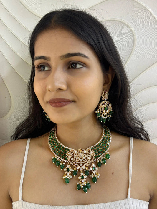 Mayuri Designer Mossanite Polki Green Stones Hasli Necklace Set